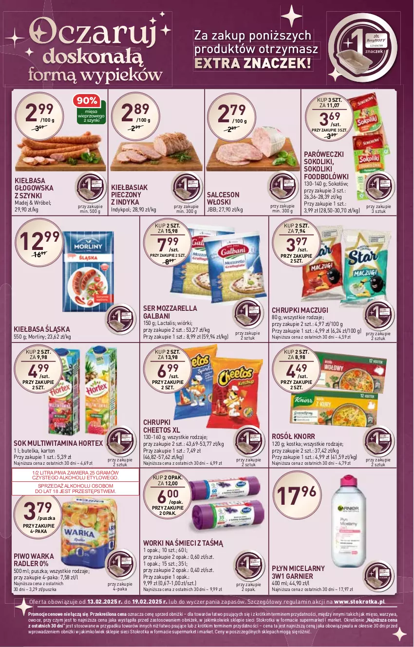 Gazetka promocyjna Stokrotka - Market - ważna 13.02 do 19.02.2025 - strona 16 - produkty: Basia, Cheetos, Chrupki, Galbani, Garnier, Gra, Hortex, Kiełbasa, Kiełbasa głogowska, Kiełbasa śląska, Knorr, Mięso, Morliny, Mozzarella, Owoce, Piec, Piwa, Piwo, Płyn micelarny, Radler, Rosół, Salceson, Ser, Sok, Sokołów, Warka, Warzywa, Worki na śmiec, Worki na śmieci