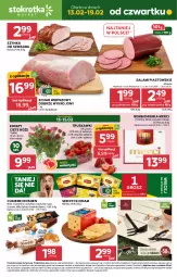 Gazetka promocyjna Stokrotka - Market - Gazetka - ważna od 19.02 do 19.02.2025 - strona 1 - produkty: Rycki Edam, Krakus, Warzywa, Ser, Gra, Salami, Cukier, Kwiaty cięte, Truskawki, Szynka, Piast, Schab wieprzowy, Edam, Bukiet, Candy, Owoce, Cukierki, Merci, Mięso