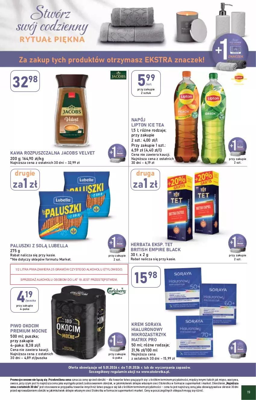 Gazetka promocyjna Stokrotka - Supermarket - ważna 05.01 do 07.01.2026 - strona 19 - produkty: Bell, Bella, Brit, Gra, Herbata, Ice tea, Jacobs, Jacobs Velvet, Kawa, Kawa rozpuszczalna, Koc, Lack, Lipton, Lubella, Mięso, Napój, Okocim, Owoce, Piwa, Piwo, Velvet, Warzywa