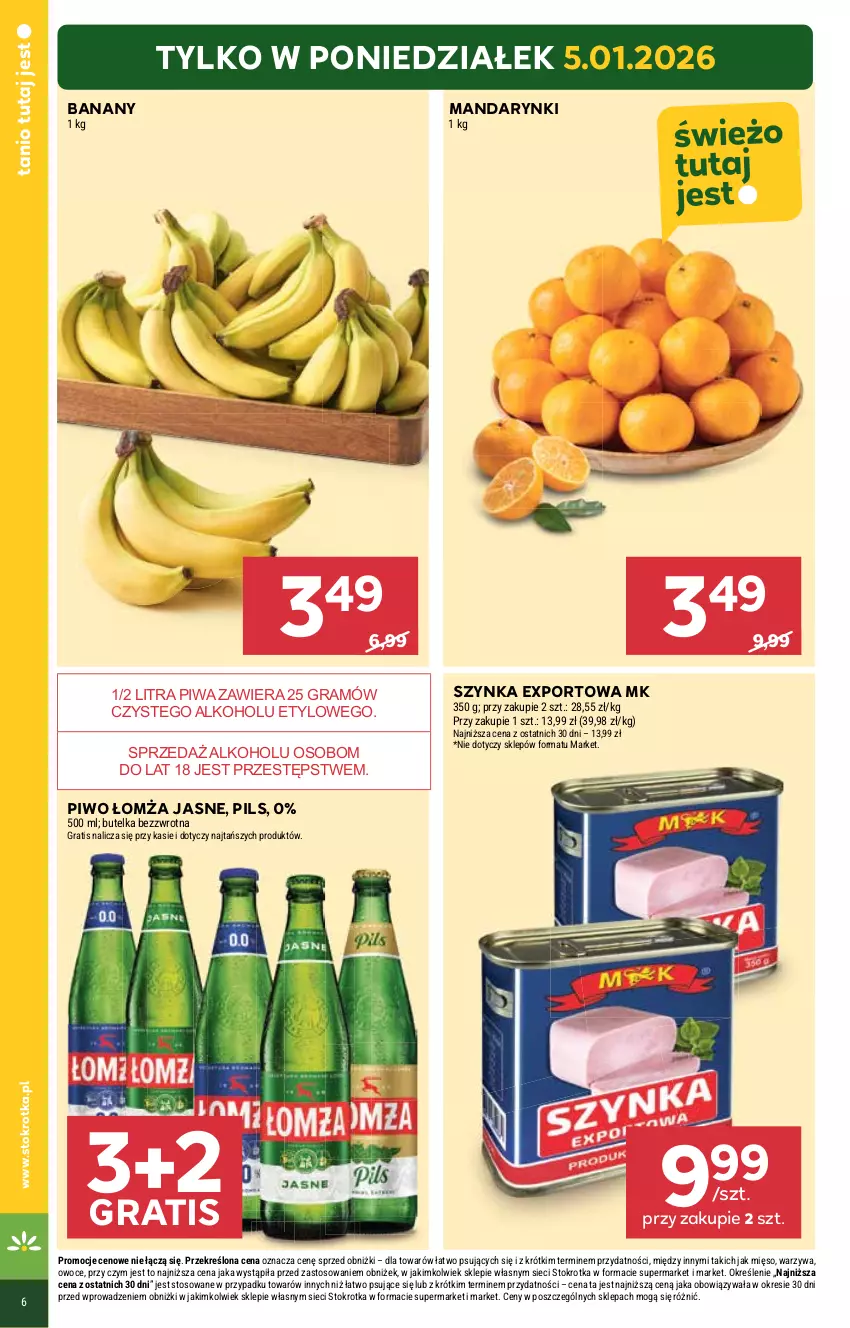 Gazetka promocyjna Stokrotka - Supermarket - ważna 05.01 do 07.01.2026 - strona 6 - produkty: Banany, Gra, Mandarynki, Mięso, Owoce, Piwa, Piwo, Por, Szynka, Warzywa