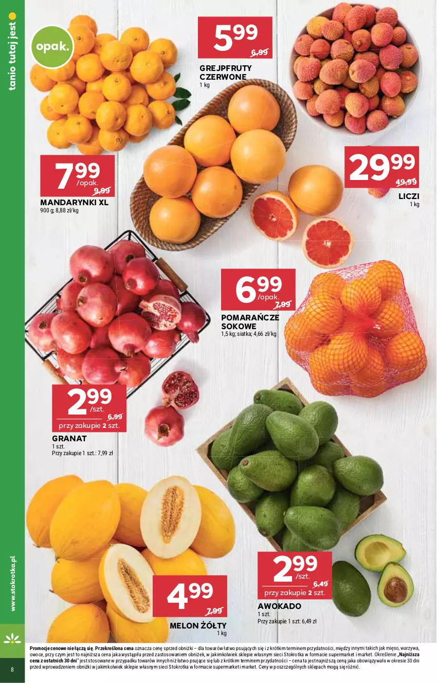 Gazetka promocyjna Stokrotka - Supermarket - ważna 05.01 do 07.01.2026 - strona 8 - produkty: Gra, Granat, Grejpfrut, Liczi, Mandarynki, Melon, Mięso, Owoce, Pomarańcze, Siatka, Sok, Warzywa