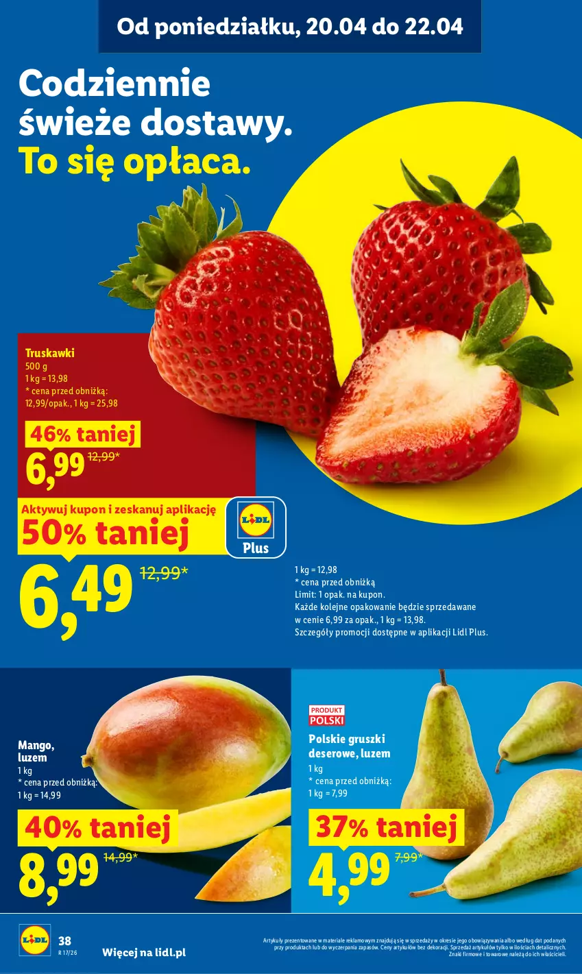 Gazetka promocyjna Lidl - Gazetka ważna od 20.04 do 22.04 - ważna 20.04 do 22.04.2026 - strona 38 - produkty: Deser, Gruszki, Mango, Olej, Ser, Truskawki