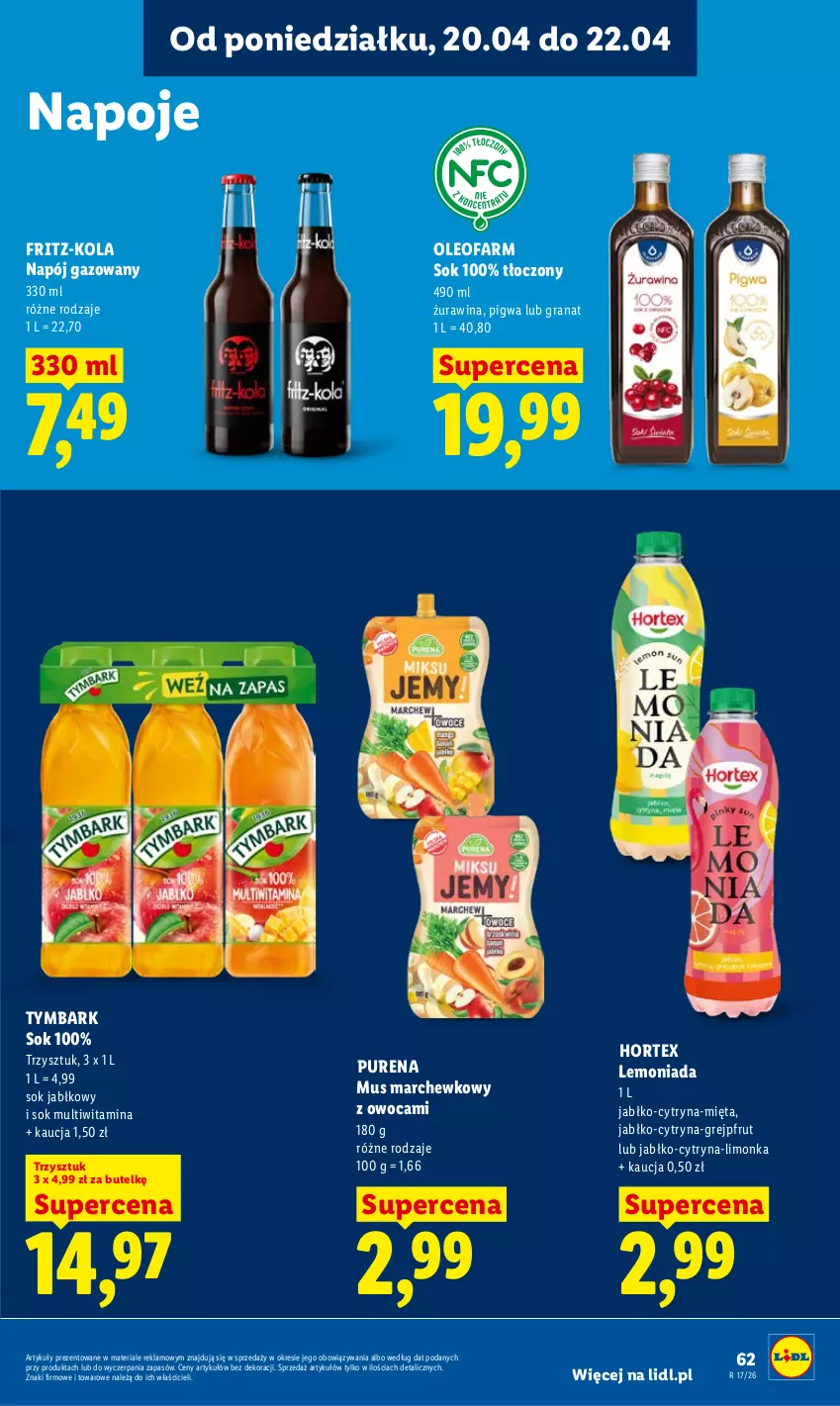 Gazetka promocyjna Lidl - Gazetka ważna od 20.04 do 22.04 - ważna 20.04 do 22.04.2026 - strona 65 - produkty: Fa, Gra, Granat, Grejpfrut, Hortex, Lemoniada, Limonka, Mięta, Mus, Napój, Napój gazowany, Napoje, Oleo, Oleofarm, Pur, Sok, Sok jabłkowy, Tymbark
