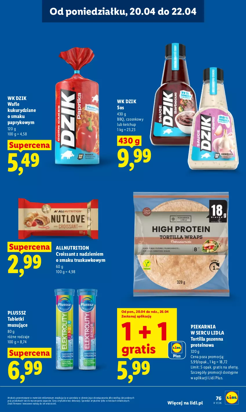 Gazetka promocyjna Lidl - Gazetka ważna od 20.04 do 22.04 - ważna 20.04 do 22.04.2026 - strona 79 - produkty: Croissant, Gra, Ketchup, Mus, Ser, Sos, Tablet, Tabletki musujące, Tortilla, Wafle