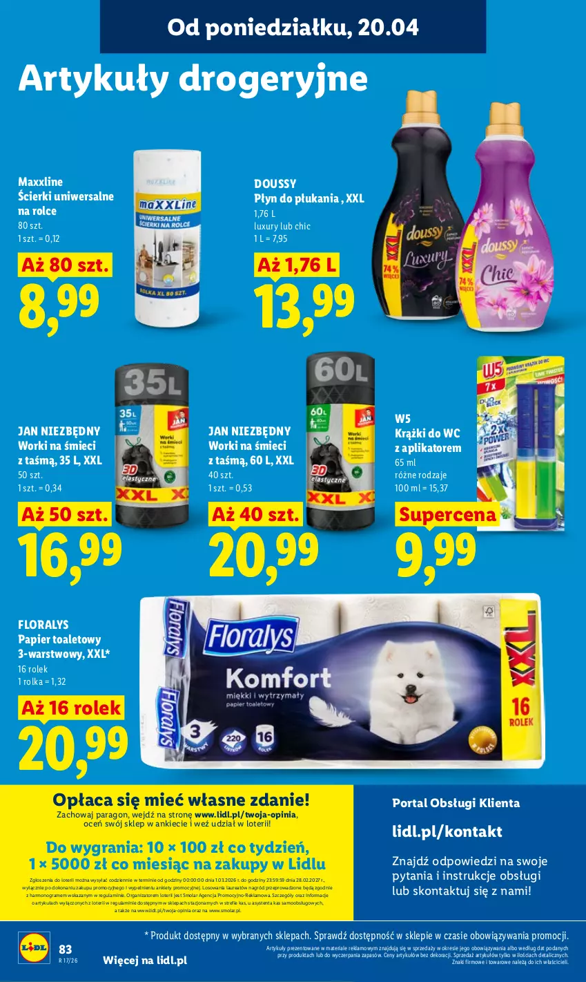 Gazetka promocyjna Lidl - Gazetka ważna od 20.04 do 22.04 - ważna 20.04 do 22.04.2026 - strona 86 - produkty: Flora, Gra, Jan Niezbędny, Laur, Mola, Papier, Papier toaletowy, Płyn do płukania, Por, Portal, Worki na śmiec, Worki na śmieci