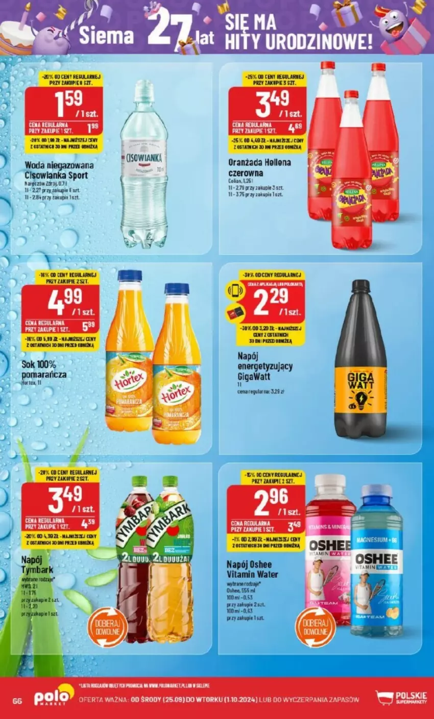 Gazetka promocyjna PoloMarket - ważna 25.09 do 01.10.2024 - strona 63 - produkty: Cisowianka, Fa, Hellena, LG, Napój, Oranżada, Oshee, Por, Sok, Sport, Tran, Tymbark, Woda, Woda niegazowana, Znicz