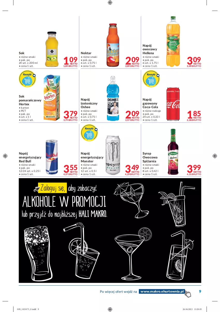 Gazetka promocyjna Makro - [Oferta promocyjna] Dostawy - ważna 04.05 do 16.05.2022 - strona 9 - produkty: Coca-Cola, Hellena, Hortex, Napój, Napój gazowany, Napój izotoniczny, Nektar, Oshee, Red Bull, Sok, Sok pomarańczowy, Syrop