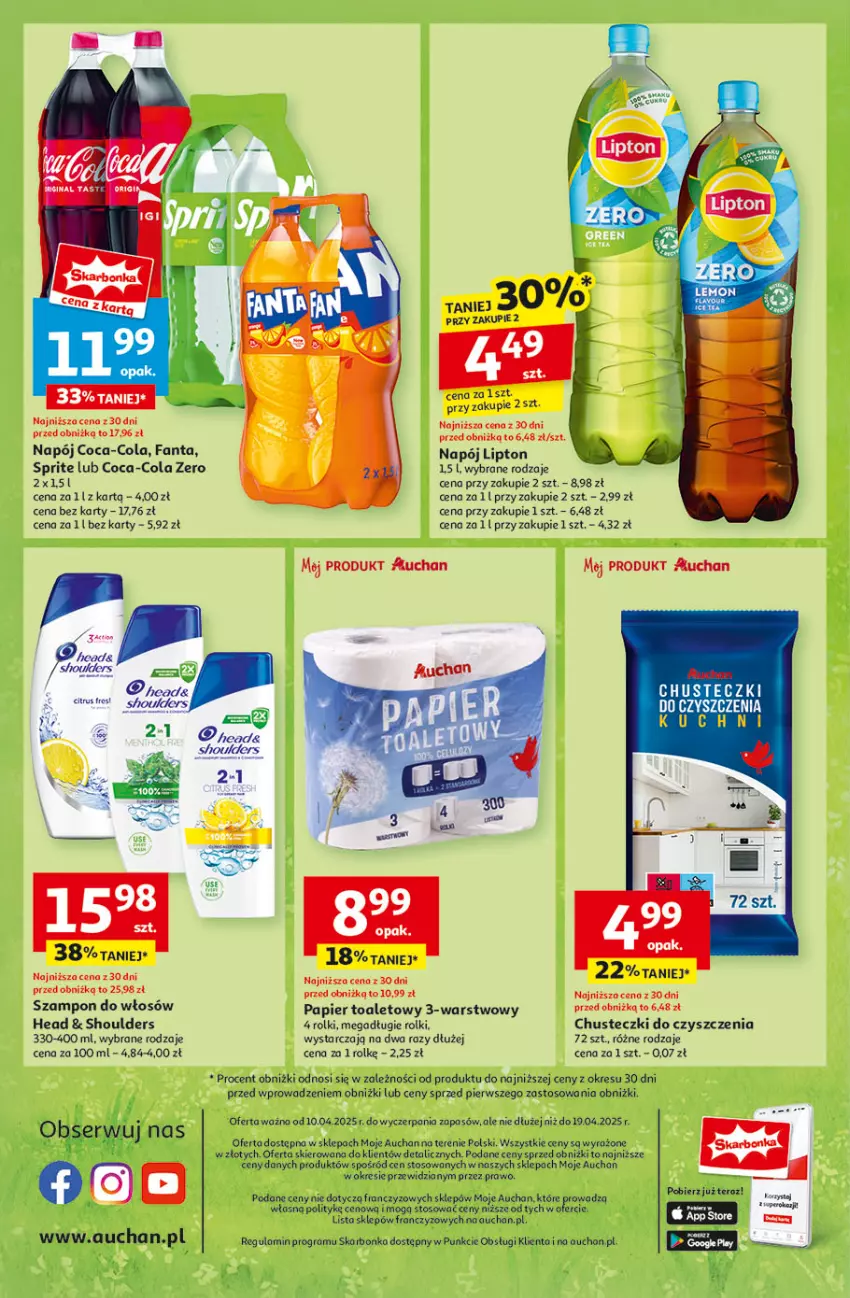 Gazetka promocyjna Auchan - WIELKA MOC Niskich Cen Moje - ważna 10.04 do 19.04.2025 - strona 10 - produkty: Chusteczki, Chusteczki do czyszczenia, Coca-Cola, Fa, Fanta, Gra, Lipton, Napój, Papier, Papier toaletowy, Rolki, Sprite, Szampon