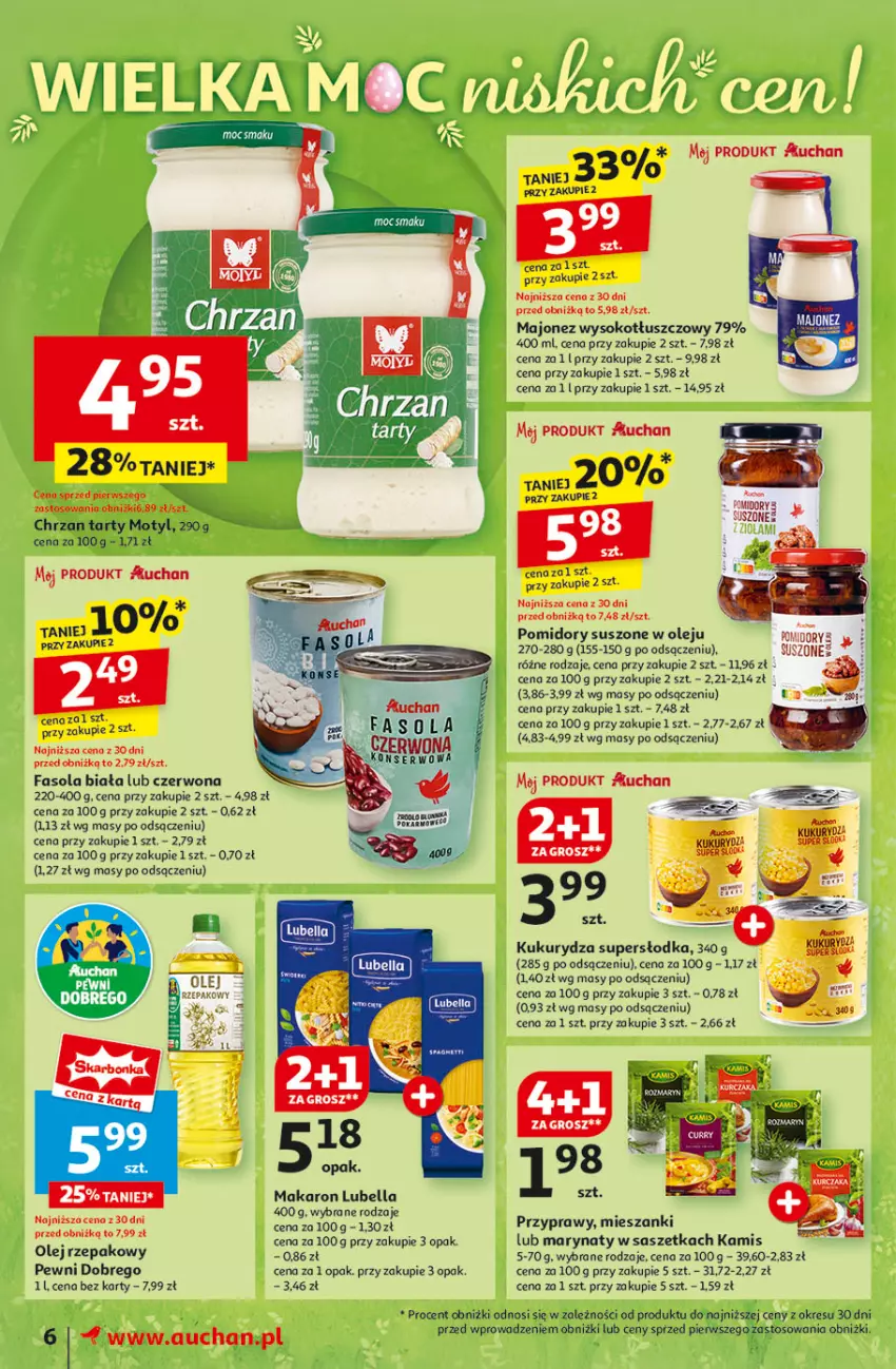 Gazetka promocyjna Auchan - WIELKA MOC Niskich Cen Moje - ważna 10.04 do 19.04.2025 - strona 8 - produkty: Bell, Bella, Chrzan, Fa, Fasola, Kamis, Kukurydza, Lubella, Majonez, Makaron, Olej, Olej rzepakowy, Pomidory, Przyprawy, Ser, Sok