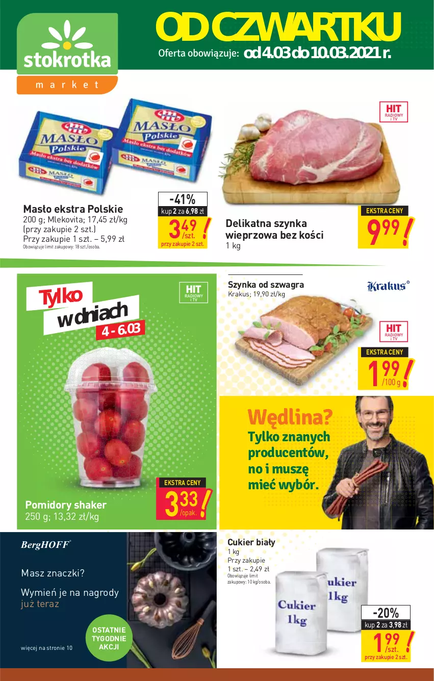 Gazetka promocyjna Stokrotka - Market - ważna 04.03 do 10.03.2021 - strona 1 - produkty: Cukier, Gra, HP, Krakus, Masło, Mleko, Mlekovita, Pomidory, Szynka, Szynka wieprzowa, Tera