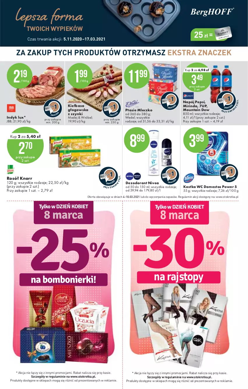 Gazetka promocyjna Stokrotka - Market - ważna 04.03 do 10.03.2021 - strona 10 - produkty: 7up, Dezodorant, Domestos, Indyk lux, Kiełbasa, Kiełbasa głogowska, Knorr, Mirinda, Mleczko, Napój, Nivea, Pepsi, Ptasie mleczko, Rajstopy, Rosół, Top