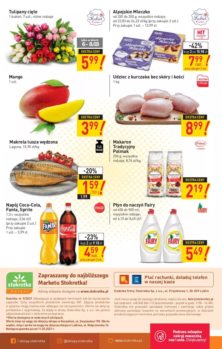 Gazetka promocyjna Stokrotka - Market - ważna 04.03 do 10.03.2021 - strona 12 - produkty: Bukiet, Coca-Cola, Fa, Fairy, Fanta, Kosz, Kurczak, Makaron, Mango, Mleczko, Napój, O nas, Olma, Ser, Sprite, Szal, Telefon, Tulipan, Tusz, Wagi