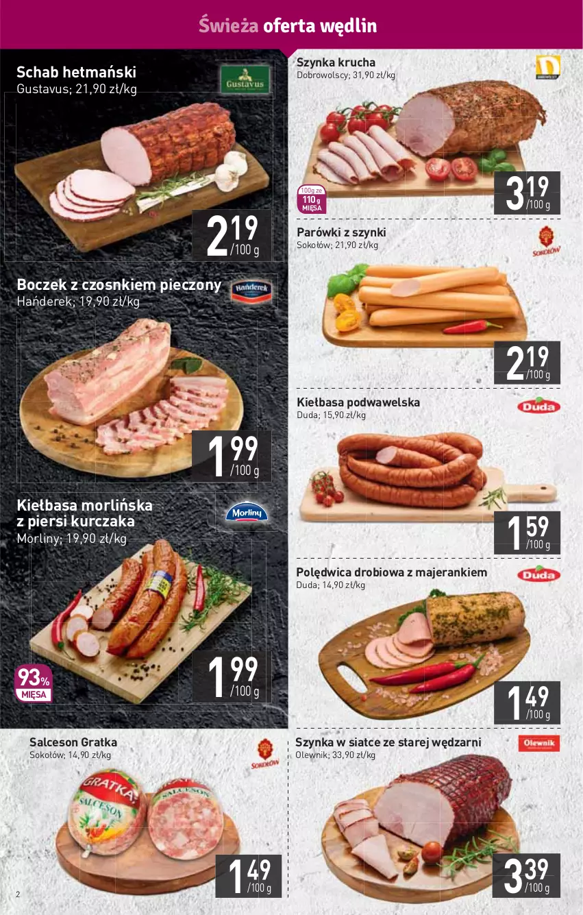 Gazetka promocyjna Stokrotka - Market - ważna 04.03 do 10.03.2021 - strona 2 - produkty: Boczek, Duda, Gra, HP, Kiełbasa, Kiełbasa podwawelska, Kurczak, Morliny, Olewnik, Parówki, Parówki z szynki, Piec, Polędwica, Salceson, Sok, Sokołów, Szynka, Wawel