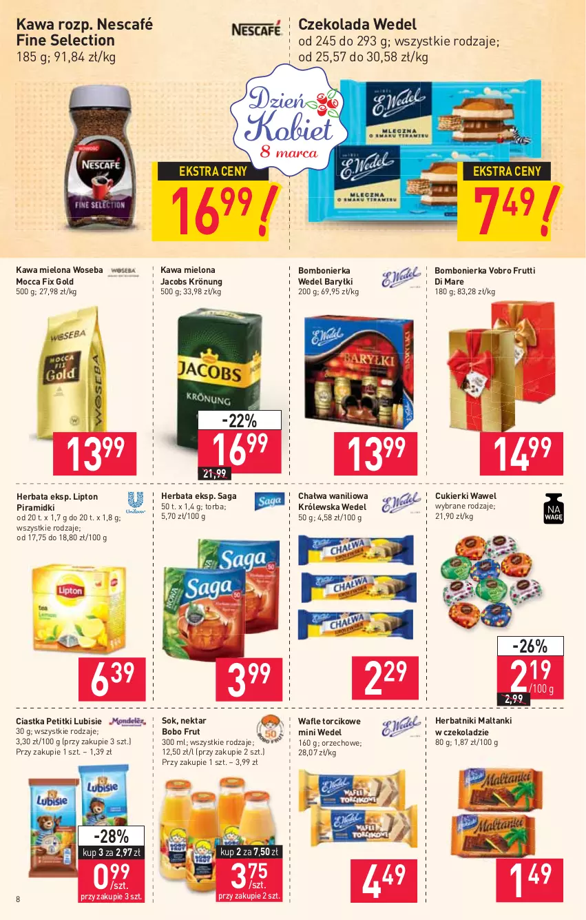 Gazetka promocyjna Stokrotka - Market - ważna 04.03 do 10.03.2021 - strona 8 - produkty: Baryłki, Chałwa, Ciastka, Cukier, Cukierki, Czekolada, Herbata, Herbatniki, Jacobs, Jacobs Krönung, Kawa, Kawa mielona, Lipton, Lubisie, Mocca Fix Gold, Nektar, Nescafé, Saga, Sok, Torba, Wafle, Wawel, Woseba