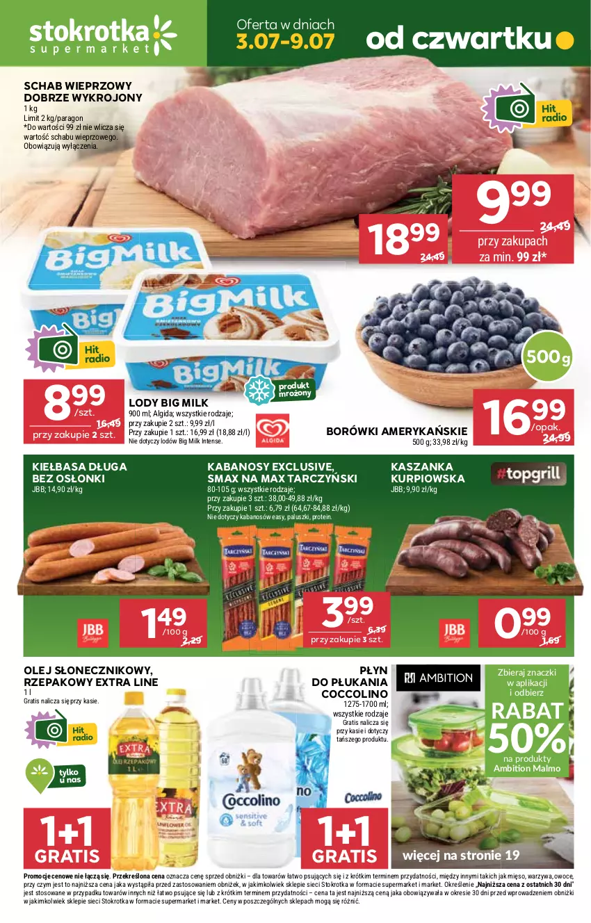 Gazetka promocyjna Stokrotka - Supermarket - ważna 03.07 do 09.07.2025 - strona 1 - produkty: Algida, Ambition, Big Milk, Coccolino, Gra, Kabanos, Kasza, Kaszanka, Kiełbasa, LG, Lody, Malm, Mięso, Olej, Olej słonecznikowy, Owoce, Płyn do płukania, Schab wieprzowy, Tarczyński, Warzywa