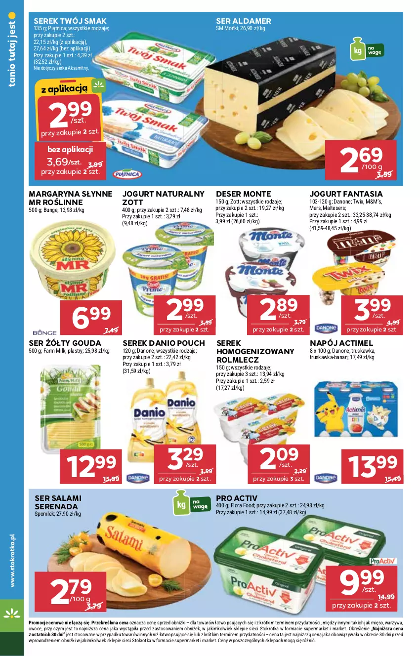 Gazetka promocyjna Stokrotka - Supermarket - ważna 03.07 do 09.07.2025 - strona 16 - produkty: Actimel, Aksam, Danio, Danone, Deser, Fa, Fanta, Farm Milk, Flora, Gouda, Jogurt, Jogurt naturalny, Margaryna, Mars, Mięso, Monte, Napój, Owoce, Piątnica, Rolmlecz, Salami, Ser, Ser salami, Serek, Serek homogenizowany, Słynne, Słynne MR Roślinne, Twix, Twój Smak, Warzywa, Zott
