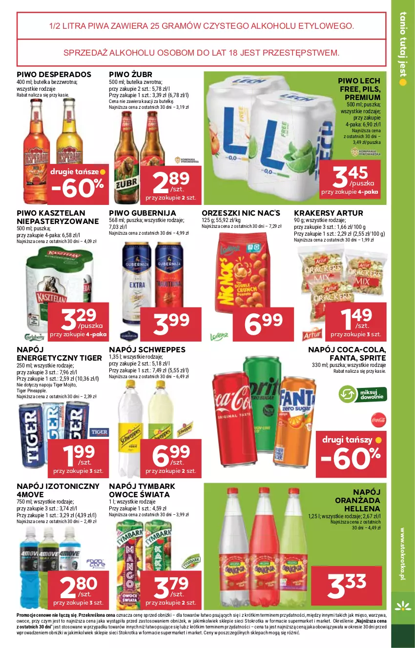 Gazetka promocyjna Stokrotka - Supermarket - ważna 03.07 do 09.07.2025 - strona 23 - produkty: Artur, Coca-Cola, Desperados, Fa, Fanta, Gra, Hellena, Kasztelan, Krakersy, Mięso, Napój, Napój energetyczny, Napój izotoniczny, Oranżada, Orzeszki, Owoce, Piwa, Piwo, Schweppes, Sprite, Tiger, Tymbark, Warzywa