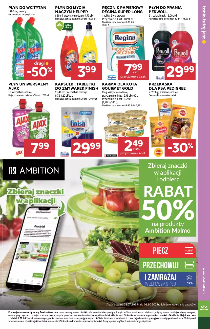 Gazetka promocyjna Stokrotka - Supermarket - ważna 03.07 do 09.07.2025 - strona 25 - produkty: Ajax, Ambition, Do mycia naczyń, Finish, Gin, Gourmet Gold, Lack, Malm, Mięso, Owoce, Papier, Pedigree, Perwoll, Piec, Płyn do mycia, Płyn do mycia naczyń, Płyn do prania, Płyn do wc, Ręcznik, Tablet, Tytan, Warzywa