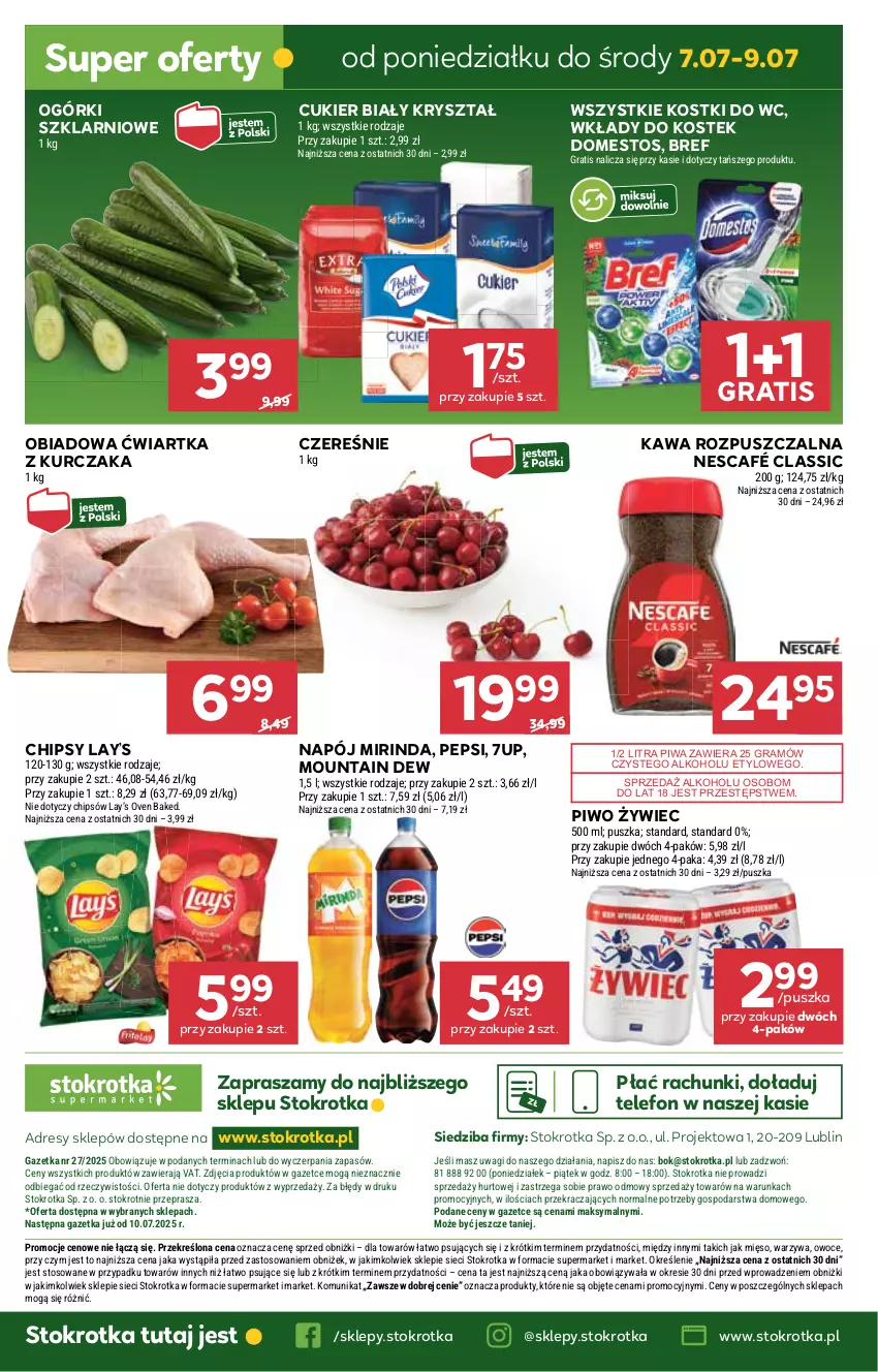 Gazetka promocyjna Stokrotka - Supermarket - ważna 03.07 do 09.07.2025 - strona 34 - produkty: 7up, Bref, Chipsy, Cukier, Domestos, Dres, Gra, JBL, Kawa, Kawa rozpuszczalna, Kurczak, Lay’s, Mięso, Mirinda, Napój, Nescafé, O nas, Owoce, Pepsi, Piwa, Piwo, Stek, Telefon, Wagi, Warzywa