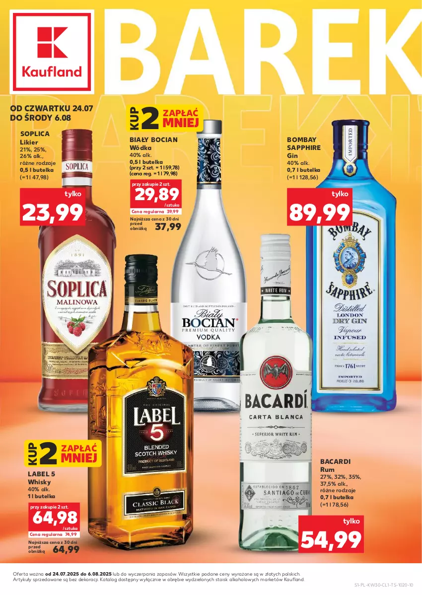 Gazetka promocyjna Kaufland - Barek Kauflandu - ważna 24.07 do 06.08.2025 - strona 1 - produkty: Bacardi, Biały Bocian, Gin, Likier, Rum, Soplica, Whisky, Wódka