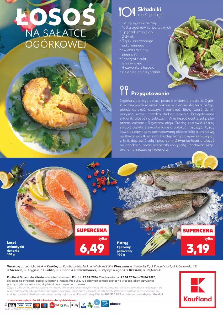 Gazetka promocyjna Kaufland - Ryby z naszej lady - ważna 23.04 do 28.04.2026 - strona 2 - produkty: Fa, Grill, Kawa, Ocet, Ogórek, Ogórki konserwowe, Olej, Orka, Piec, Pieprz, Plasterki, Por, Pstrąg, Pstrąg tęczowy, Sałat, Ser, Sól, Sos, Talerz, Wagi, Wałek