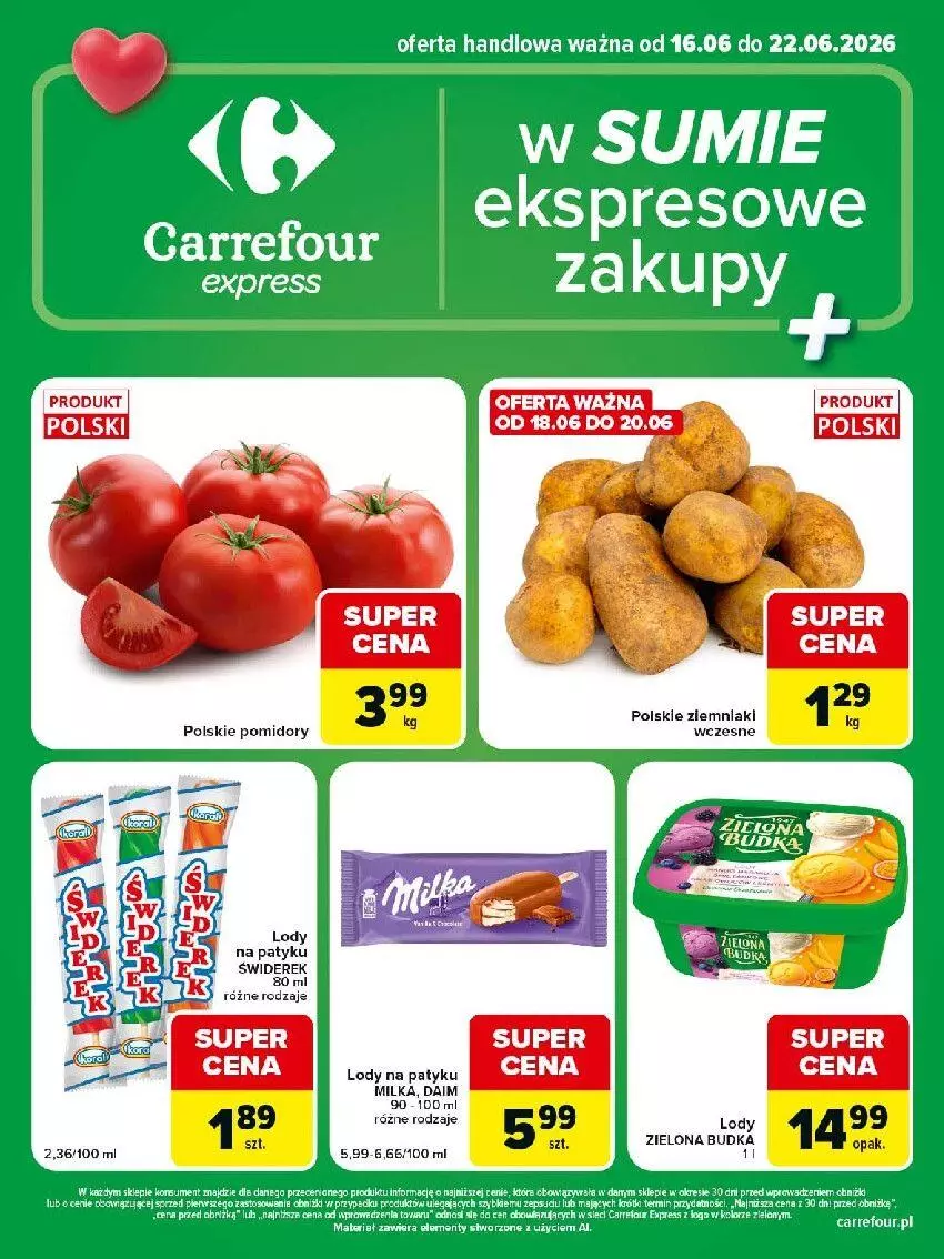 Gazetka promocyjna Carrefour - Gazetka Express w SUMIE ekspresowe zakupy - ważna 16.06 do 22.06.2026 - strona 1 - produkty: Brit, Lody, Milka, Pomidory, Zielona Budka, Ziemniaki
