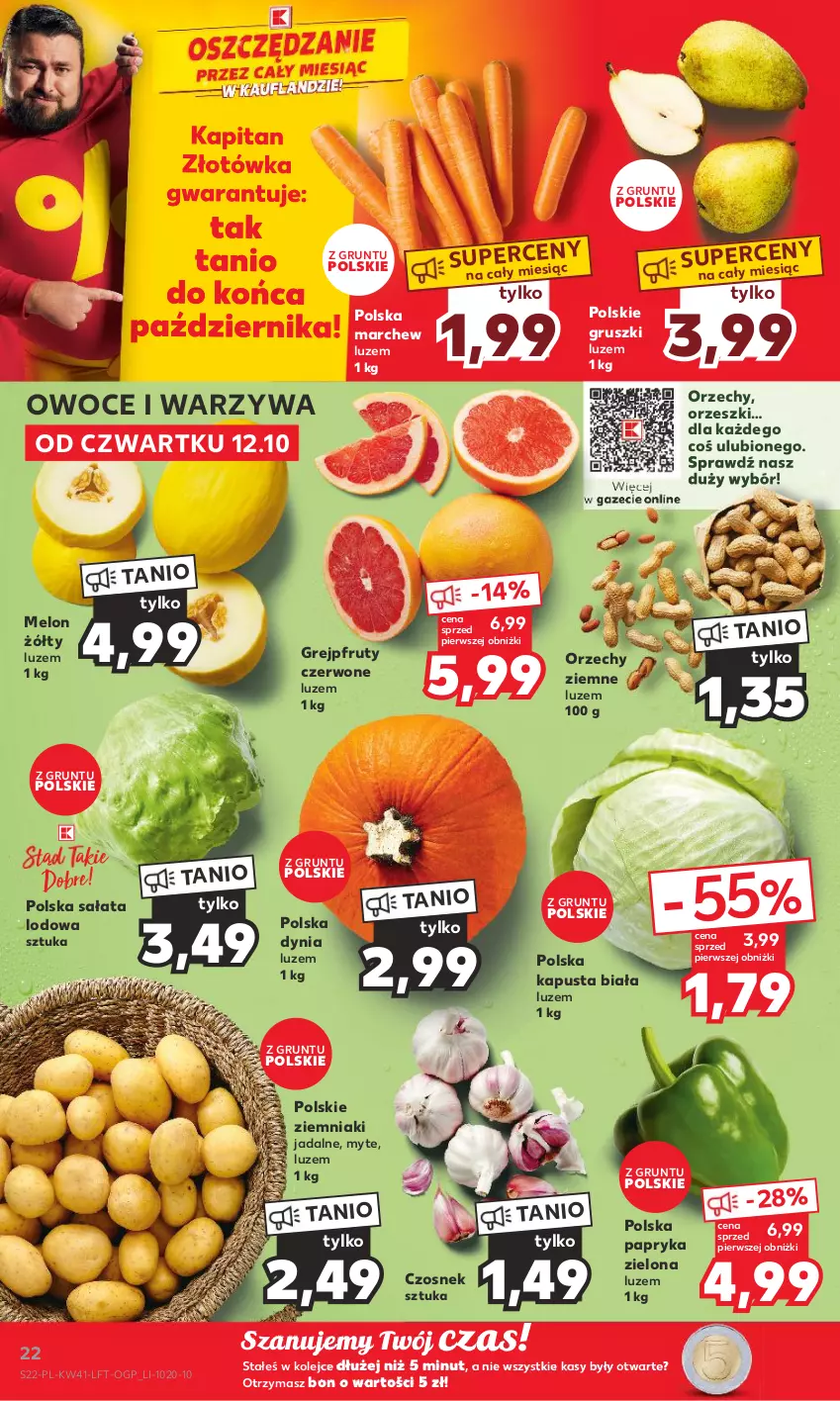 Gazetka promocyjna Kaufland - Gazetka tygodnia - ważna 12.10 do 18.10.2023 - strona 22 - produkty: Czosnek, Grejpfrut, Grunt, Gruszki, Melon, Olej, Orzeszki, Owoce, Papryka, Sałat, Sałata lodowa, Warzywa, Ziemniaki