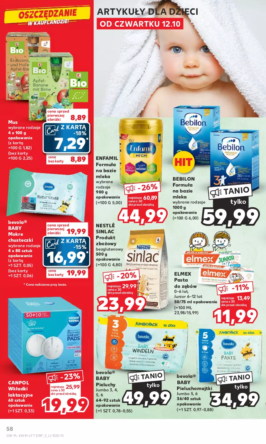 Gazetka promocyjna Kaufland - Gazetka tygodnia - ważna 12.10 do 18.10.2023 - strona 58 - produkty: BEBILON, Canpol, Chusteczki, Dzieci, Elmex, Enfamil, Fa, Majtki, Mus, Nestlé, Pasta do zębów, Pieluchomajtki, Pieluchy, Sinlac, Wkładki