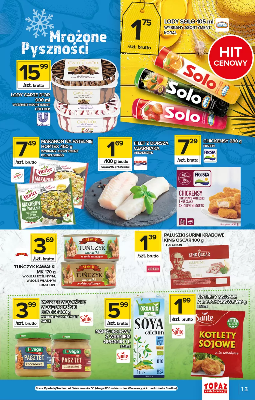 Gazetka promocyjna Topaz - Gazetka - ważna 24.06 do 30.06.2021 - strona 13 - produkty: Calcium, Dorsz, Hortex, Kawa, Lody, Makaron, Ogród, Olej, Pasztet, Sante, Sos, Surimi, Tuńczyk