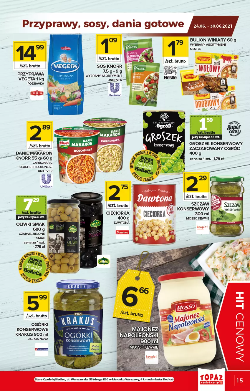 Gazetka promocyjna Topaz - Gazetka - ważna 24.06 do 30.06.2021 - strona 15 - produkty: Bulion, Cieciorka, Dania gotowe, Fa, Groszek, Knorr, Krakus, Lion, Makaron, Ogród, Oliwki, Orka, Podravka, Przyprawy, Ser, Sos, Spaghetti, Vegeta, Winiary