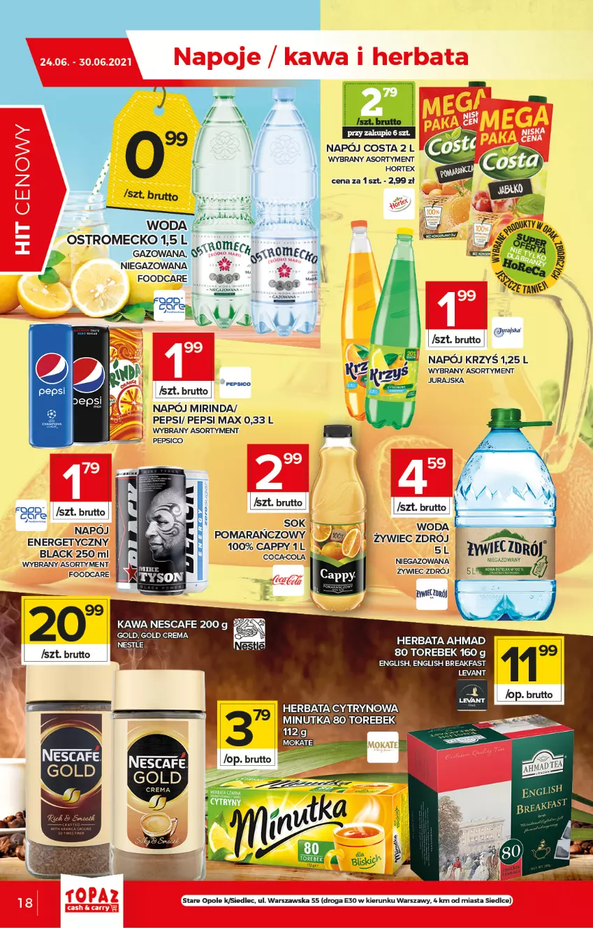 Gazetka promocyjna Topaz - Gazetka - ważna 24.06 do 30.06.2021 - strona 18 - produkty: Fa, Herbata, Hortex, Kawa, Lack, Mirinda, Napój, Pepsi, Pepsi max, Por, Ser, Sok, Woda