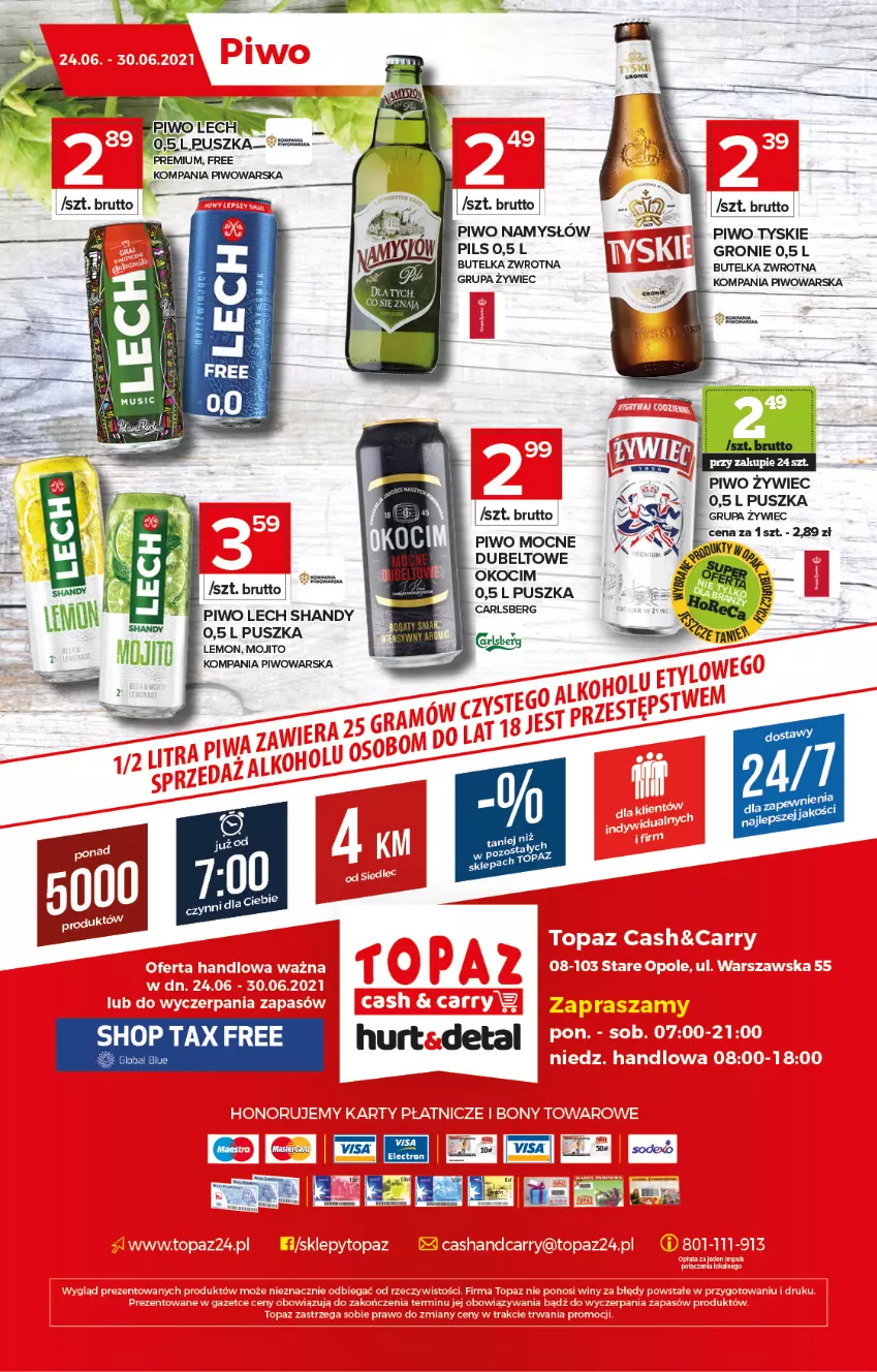 Gazetka promocyjna Topaz - Gazetka - ważna 24.06 do 30.06.2021 - strona 20 - produkty: Carlsberg, Koc, Namysłów, Okocim, Piwo, Tyskie