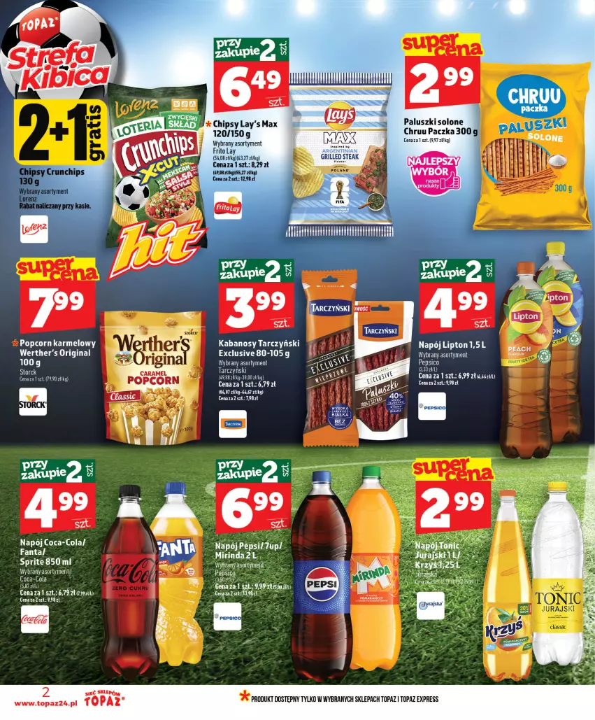 Gazetka promocyjna Topaz - Gazetka - ważna 18.06 do 24.06.2026 - strona 2 - produkty: Chipsy, Coca-Cola, Crunchips, Fa, Kabanos, LG, Lipton, Mirinda, Napój, Pepsi, Sok, Tarczyński, Top