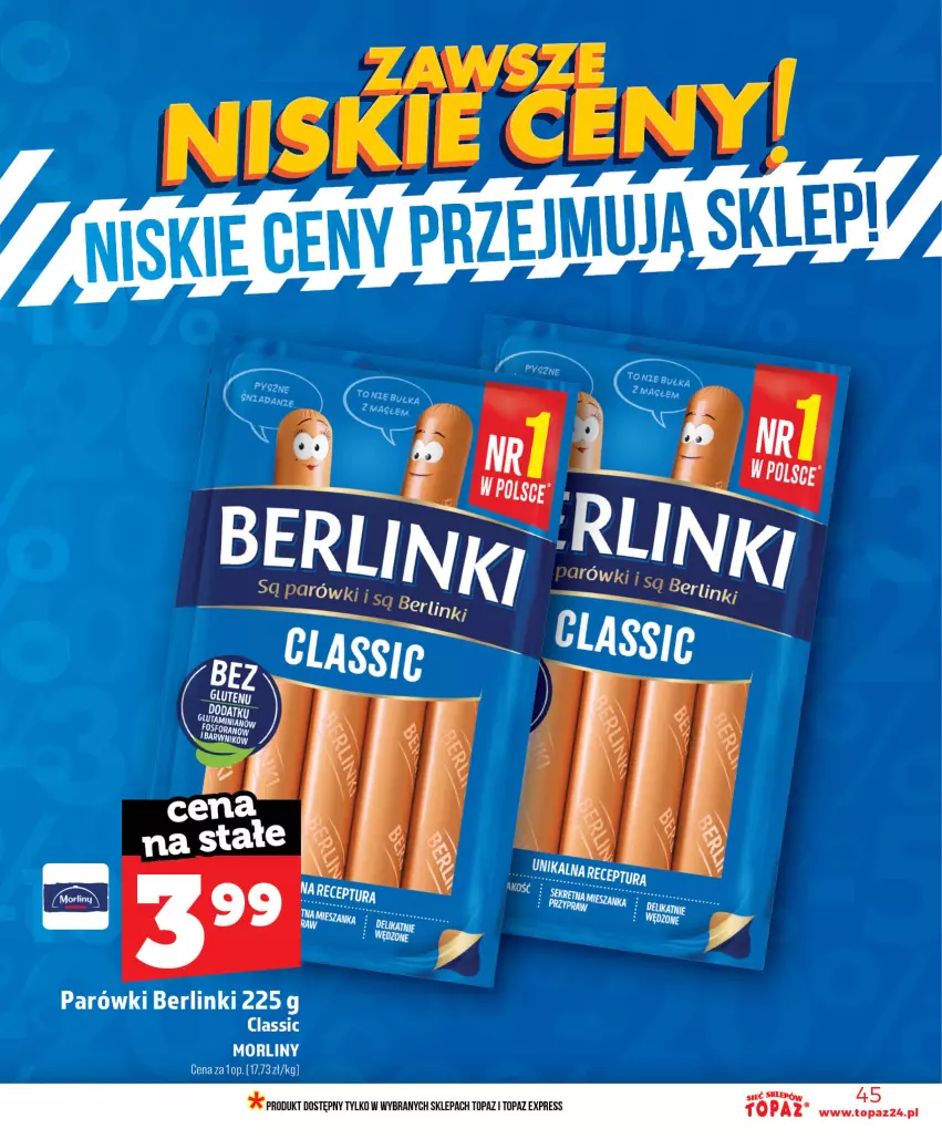 Gazetka promocyjna Topaz - Gazetka - ważna 18.06 do 24.06.2026 - strona 45 - produkty: Berlinki, Morliny, Parówki, Top