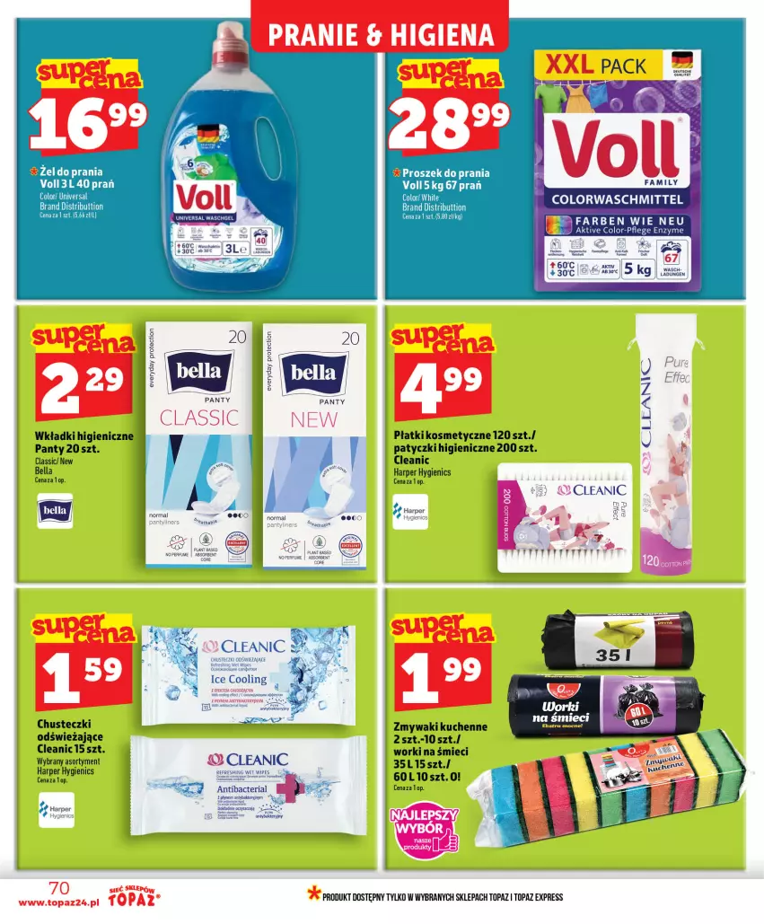 Gazetka promocyjna Topaz - Gazetka - ważna 18.06 do 24.06.2026 - strona 70 - produkty: Bell, Bella, Chusteczki, Cleanic, Fa, Płatki kosmetyczne, Proszek do prania, Top, Wkładki, Worki na śmiec, Worki na śmieci, Zmywaki kuchenne