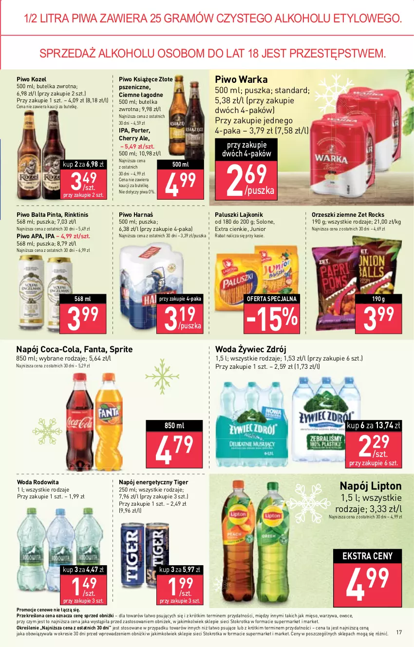 Gazetka promocyjna Stokrotka - Market - ważna 20.12 do 27.12.2023 - strona 18 - produkty: Coca-Cola, Fa, Fanta, Gra, Harnaś, Kozel, Książęce, Lajkonik, Lipton, Mięso, Napój, Napój energetyczny, Orzeszki, Orzeszki ziemne, Owoce, Piwa, Piwo, Por, Sprite, Tiger, Warka, Warzywa, Woda