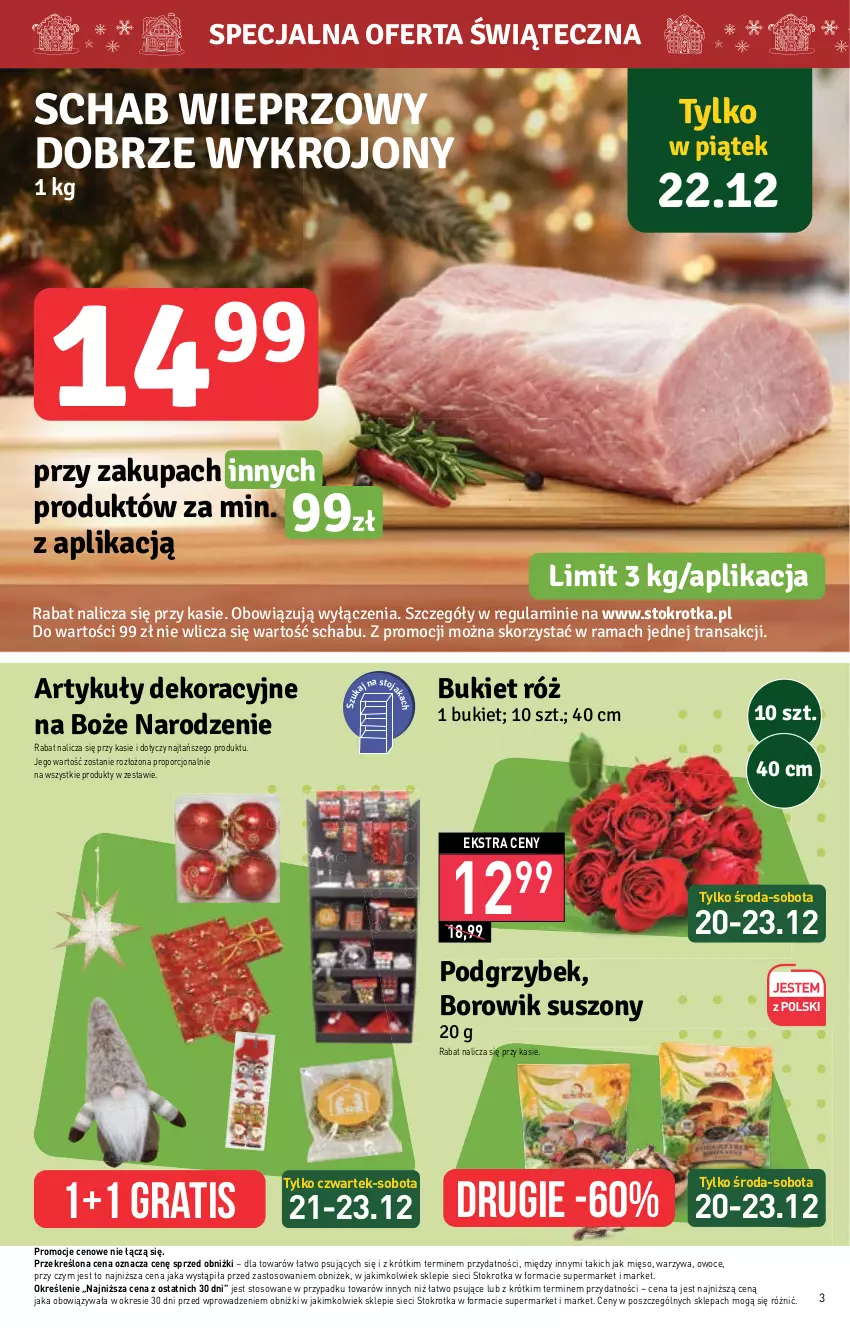 Gazetka promocyjna Stokrotka - Market - ważna 20.12 do 27.12.2023 - strona 3 - produkty: Bukiet, Gra, Mięso, Owoce, Por, Rama, Schab wieprzowy, Tran, Warzywa