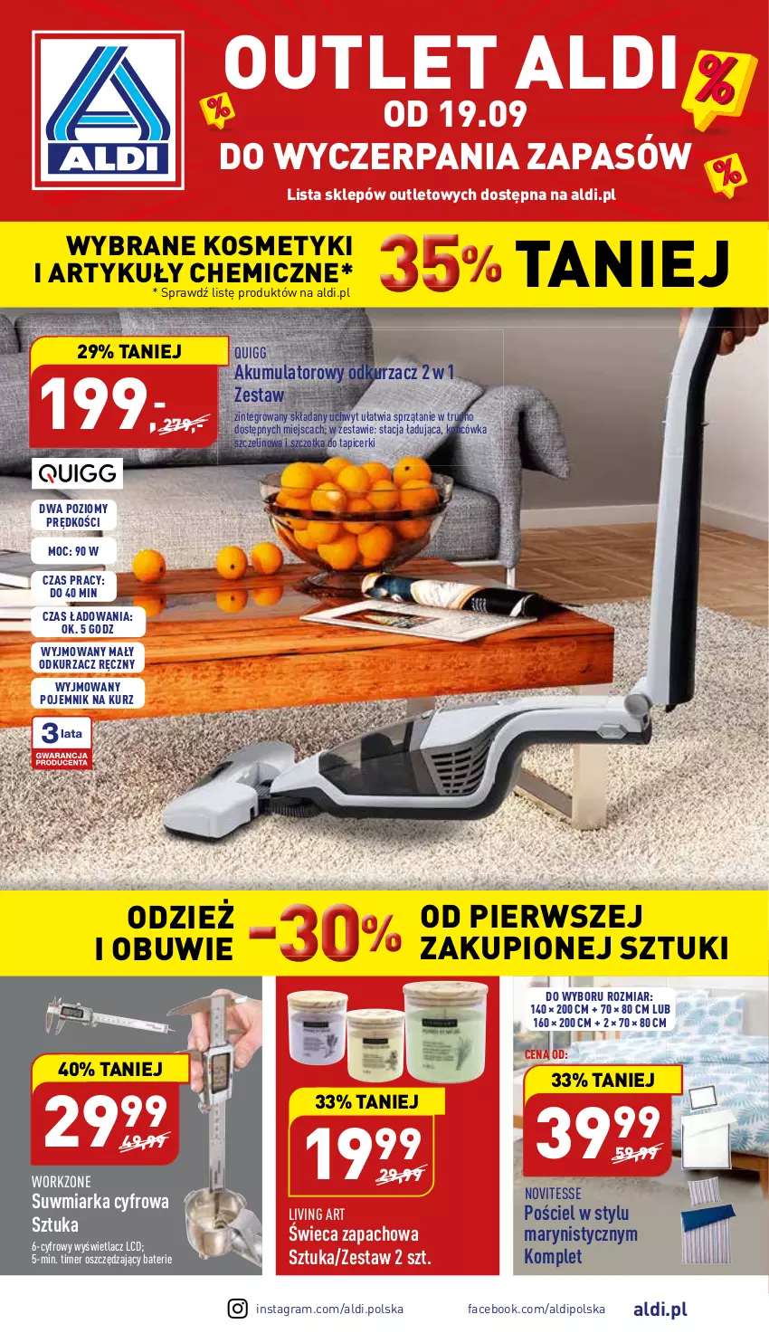 Gazetka promocyjna Aldi - Outlet - ważna 19.09 do 01.10.2022 - strona 1 - produkty: Akumulator, Fa, Gra, Miarka, Obuwie, Odkurzacz, Pojemnik, Pościel, Sprzątanie, Szczotka