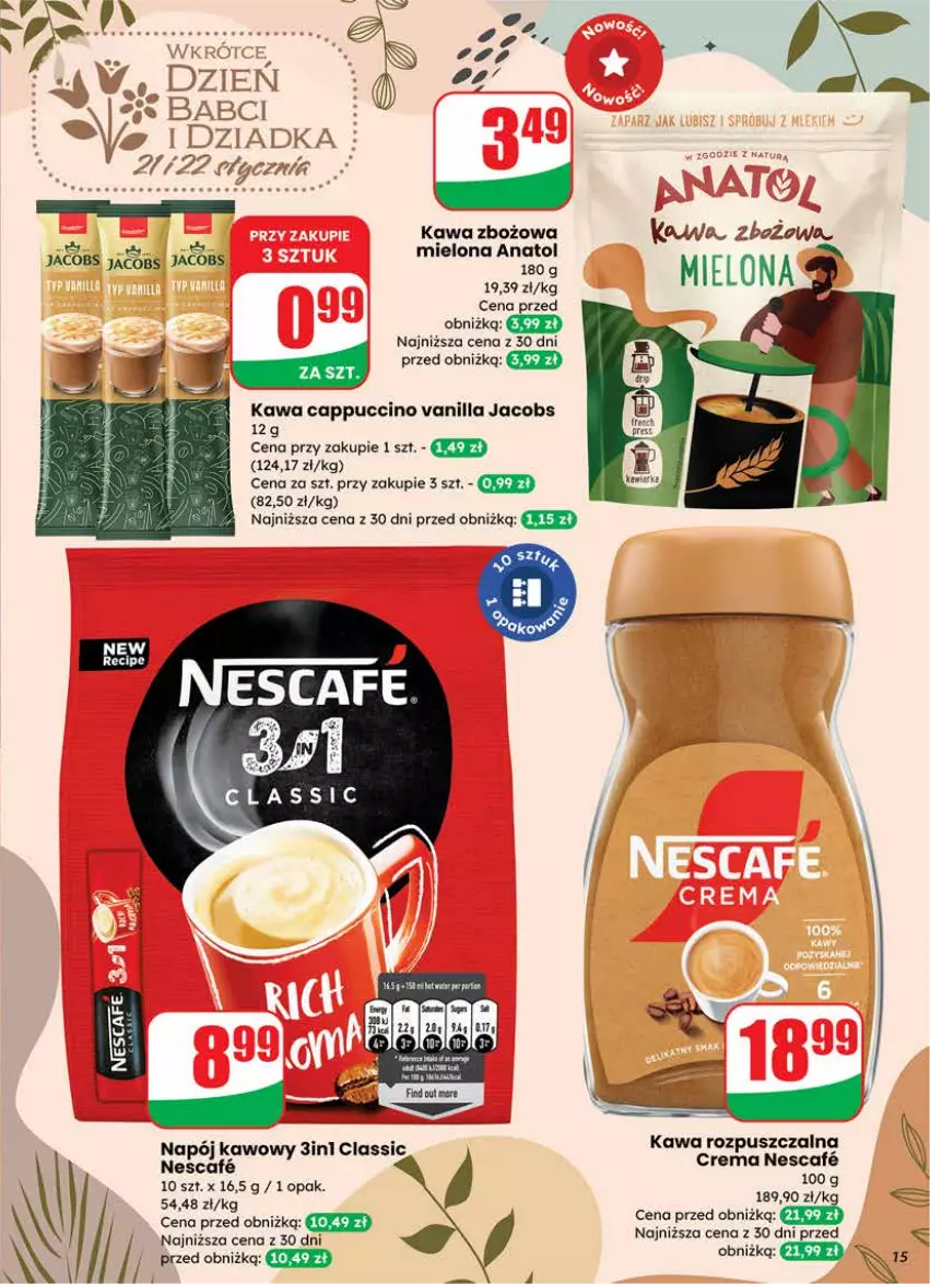 Gazetka promocyjna Dino - Gazetka 03 / 2026 - ważna 14.01 do 20.01.2026 - strona 15 - produkty: Cappuccino, Jacobs, Kawa, Kawa rozpuszczalna, Kawa zbożowa, Napój