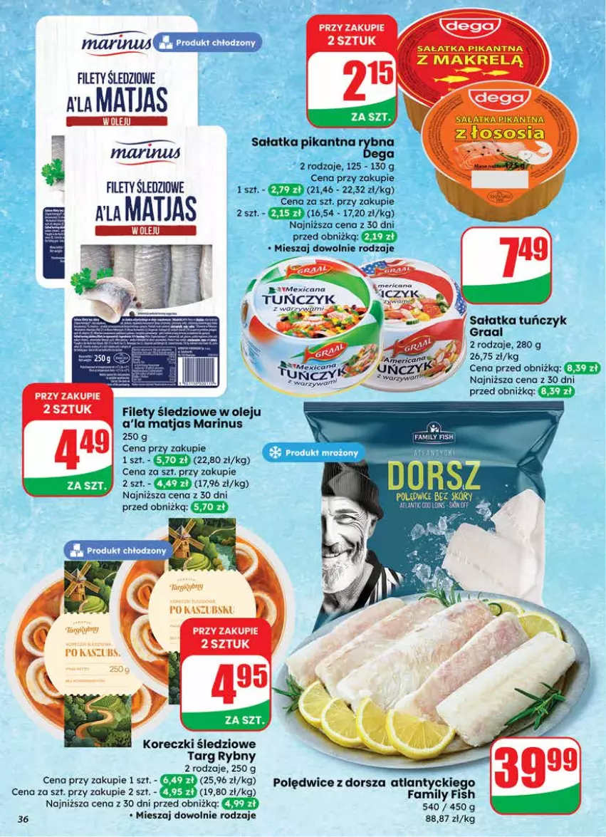 Gazetka promocyjna Dino - Gazetka 03 / 2026 - ważna 14.01 do 20.01.2026 - strona 36 - produkty: Dega, Dorsz, Fa, Gra, Graal, Koreczki śledziowe, Makrelą, Matjas, Olej, Sałat, Sałatka, Tuńczyk, Warzywa