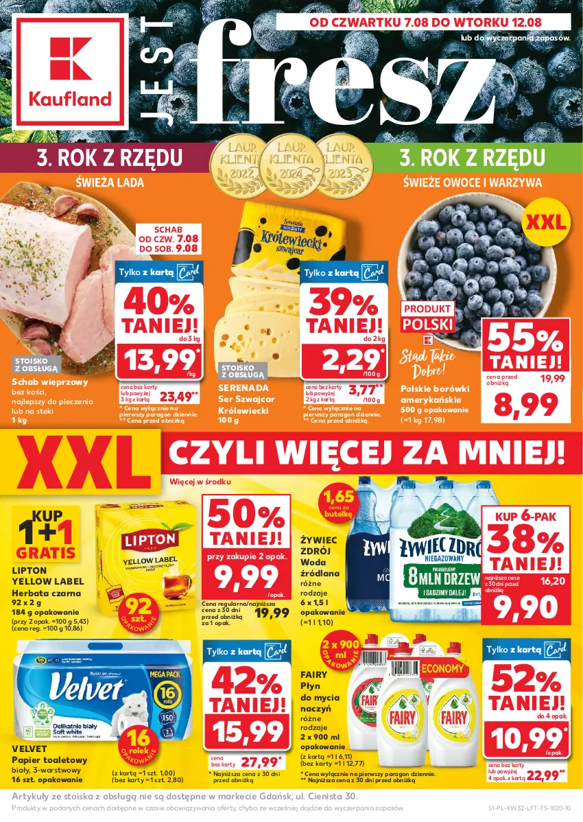 Gazetka promocyjna Kaufland - Gazetka tygodnia - ważna 07.08 do 12.08.2025 - strona 1 - produkty: Do mycia naczyń, Fa, Fairy, Gra, Herbata, Herbata czarna, LANA, Lipton, Owoce, Papier, Papier toaletowy, Piec, Płyn do mycia, Płyn do mycia naczyń, Schab wieprzowy, Ser, Stek, Velvet, Warzywa, Woda