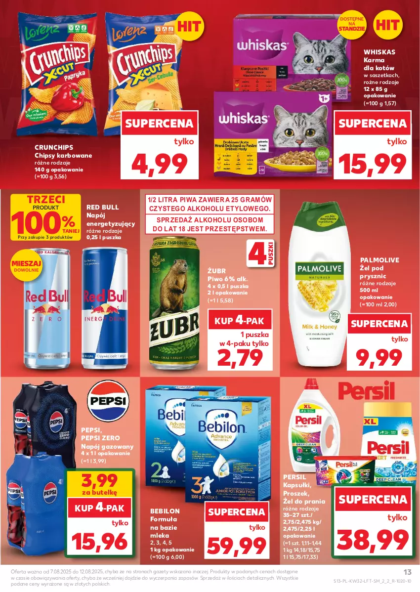 Gazetka promocyjna Kaufland - Gazetka tygodnia - ważna 07.08 do 12.08.2025 - strona 13 - produkty: BEBILON, Chipsy, Crunchips, Gra, Napój, Napój gazowany, Palmolive, Pepsi, Persil, Piwa, Piwo, Red Bull, Whiskas