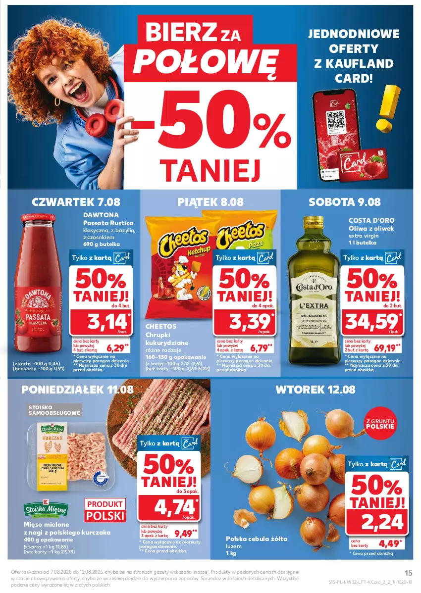 Gazetka promocyjna Kaufland - Gazetka tygodnia - ważna 07.08 do 12.08.2025 - strona 15 - produkty: Bazyl, Cebula, Cheetos, Chrupki, Dawtona, Gin, Grunt, Kurczak, Mięso, Mięso mielone, Oliwa, Oliwa z oliwek, Rust