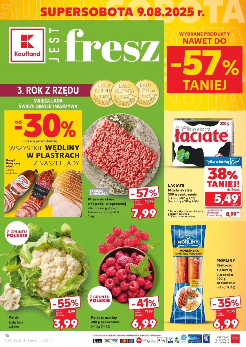 Gazetka promocyjna Kaufland - Gazetka tygodnia - ważna 07.08 do 12.08.2025 - strona 16 - produkty: Grunt, Kalafior, Kiełbasa, Kurczak, Maliny, Masło, Mięso, Mięso mielone, Mięso mielone z łopatki wieprzowej, Morliny, Owoce, Sos, Spaghetti, Waga, Warzywa