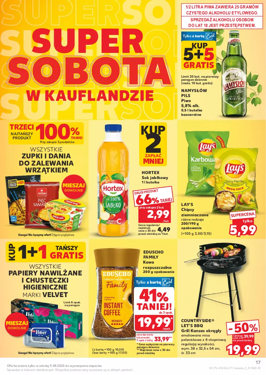 Gazetka promocyjna Kaufland - Gazetka tygodnia - ważna 07.08 do 12.08.2025 - strona 17 - produkty: Chipsy, Chusteczki, Fa, Gra, Grill, Hortex, Kawa, Kawa rozpuszczalna, Lay’s, Namysłów, Palenisko, Papier, Piwa, Piwo, Sok, Sok jabłkowy, Top, Velvet, Waga