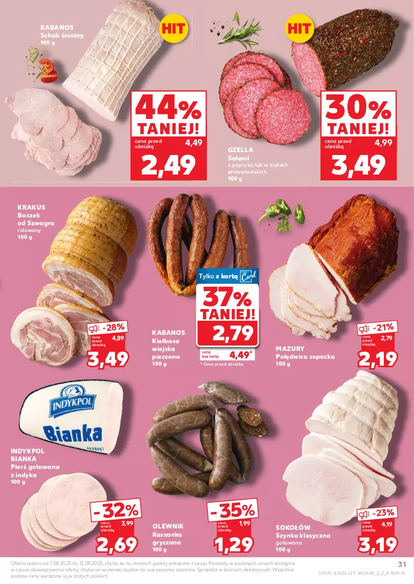 Gazetka promocyjna Kaufland - Gazetka tygodnia - ważna 07.08 do 12.08.2025 - strona 31 - produkty: Bianka, Boczek, Gra, Gry, Kabanos, Kasza, Kaszanka, Kiełbasa, Kiełbasa wiejska, Krakus, Olewnik, Piec, Polędwica, Salami, Sok, Sokołów, Szynka