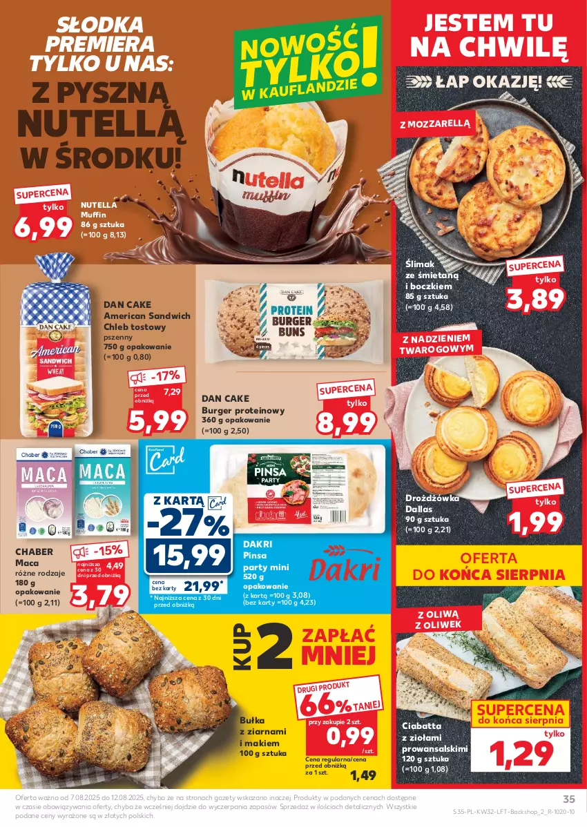 Gazetka promocyjna Kaufland - Gazetka tygodnia - ważna 07.08 do 12.08.2025 - strona 35 - produkty: Bułka, Burger, Chleb, Chleb tostowy, Ciabatta, Dan Cake, Nutella