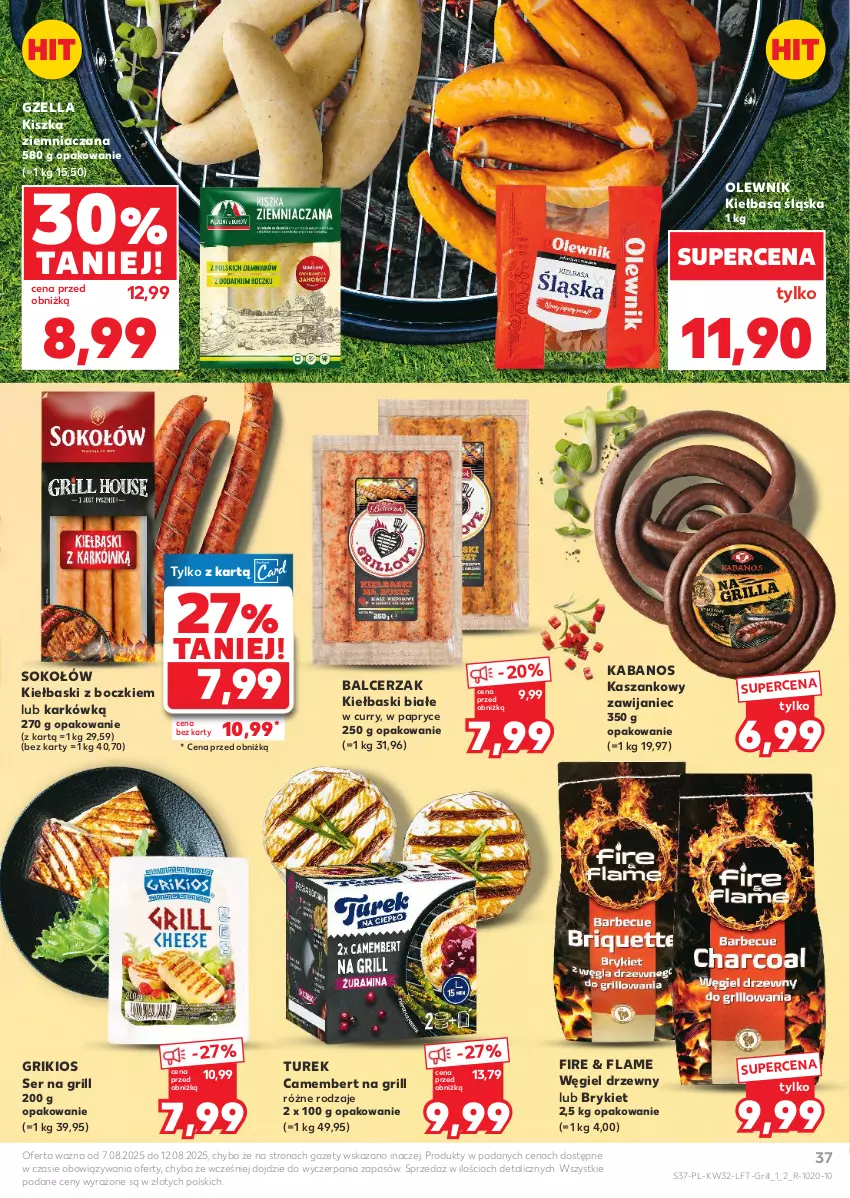 Gazetka promocyjna Kaufland - Gazetka tygodnia - ważna 07.08 do 12.08.2025 - strona 37 - produkty: Camembert, Grill, Kabanos, Kasza, Kiełbasa, Kiełbasa śląska, Kiełbaski białe, Olewnik, Ser, Sok, Sokołów, Węgiel drzewny