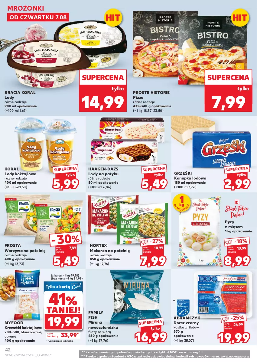 Gazetka promocyjna Kaufland - Gazetka tygodnia - ważna 07.08 do 12.08.2025 - strona 42 - produkty: Dorsz, Fa, Frosta, Grześki, Hortex, Krewetki, Lody, Makaron, Miruna, Pizza, Warzywa