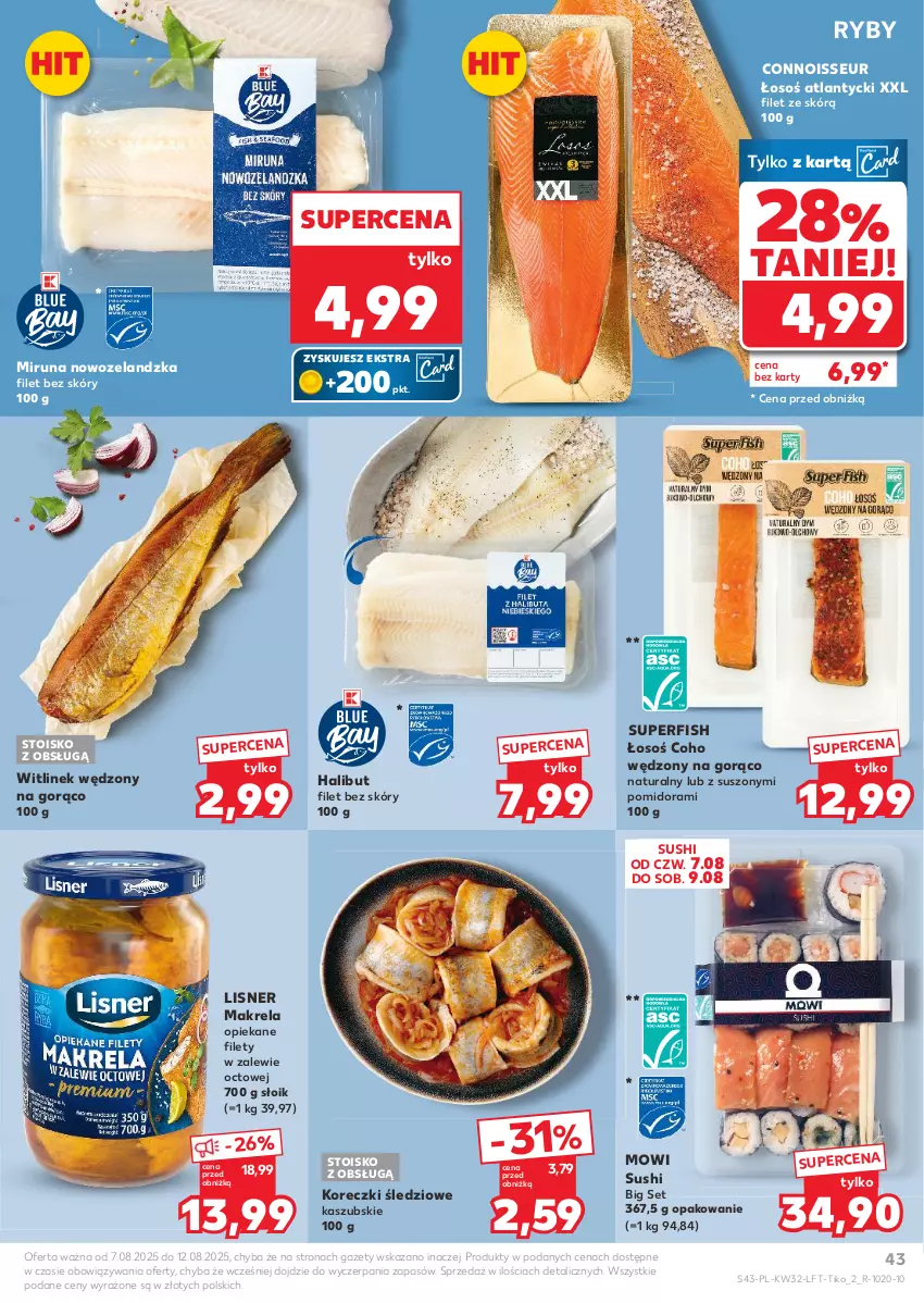 Gazetka promocyjna Kaufland - Gazetka tygodnia - ważna 07.08 do 12.08.2025 - strona 43 - produkty: Halibut, Koreczki śledziowe, Lisner, Miruna, Sushi